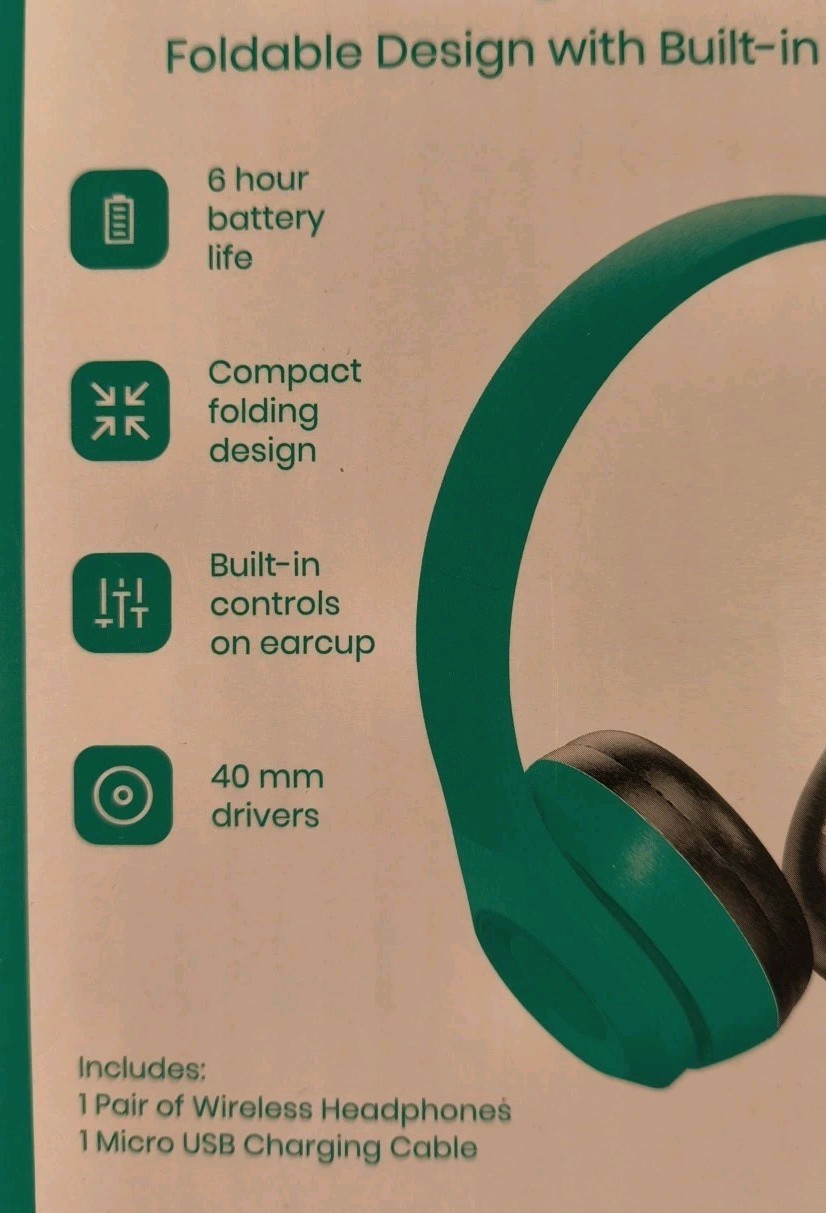 GEMS Wireless Headphones Folding Compact Design, 6hr Battery, Green, Micro USB