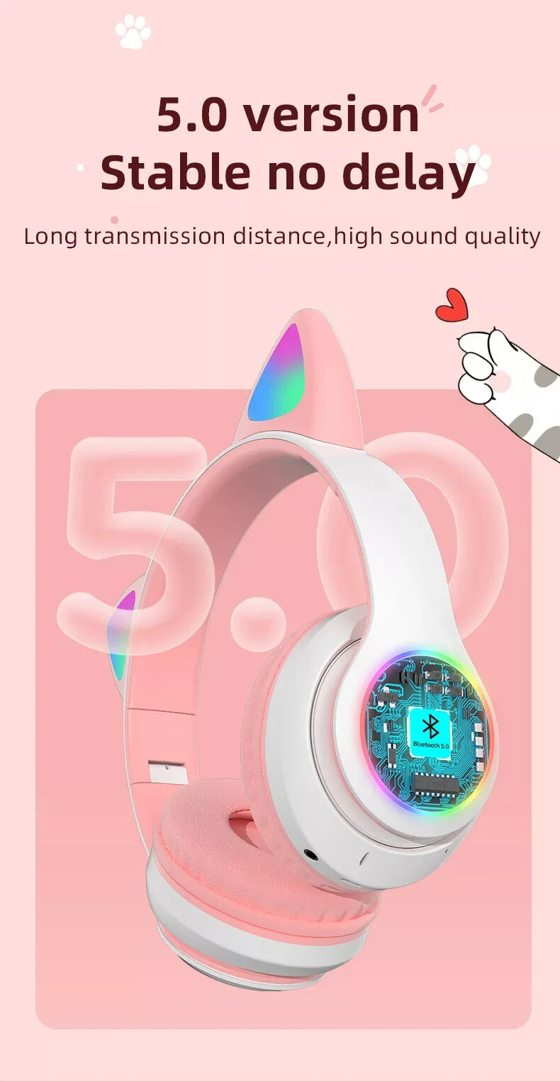 AKS-28 Wireless Over-Ear Headset with Cute Pink Cat Ear Design -Great for Girls