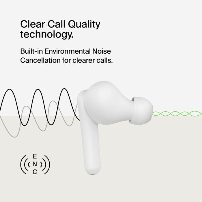 Belkin SoundForm Rhythm True Wireless Earbuds Bluetooth Multipoint 28H ENC White
