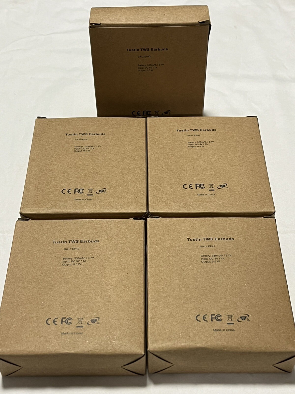Lot Of 5 New Tustin TWS Earbuds. SKU:EP42. 350mAh/3.7V. DC5V/1A. 0.5W. White