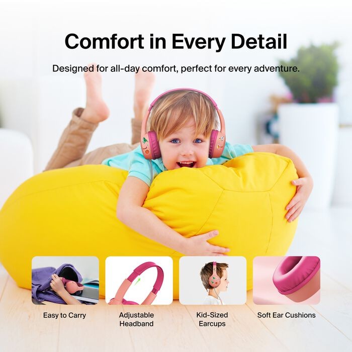 Belkin Kids Headphones Wired, Volume Limited, USB-C 3.5mm Parents Trusted – Pink