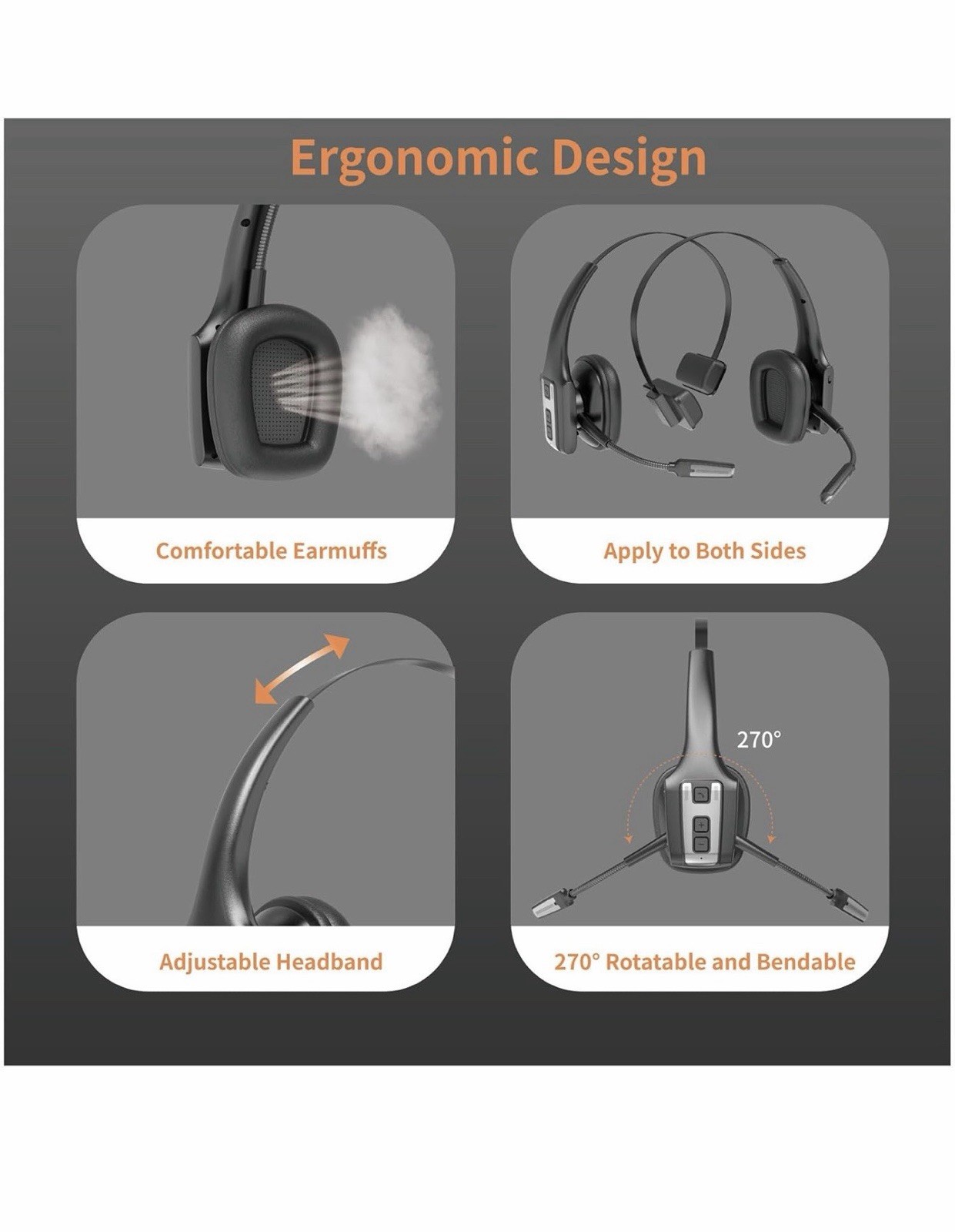 Bluetooth Noise Cancelling Mono Headband Headset w/ Boom Mic, Black/Gray