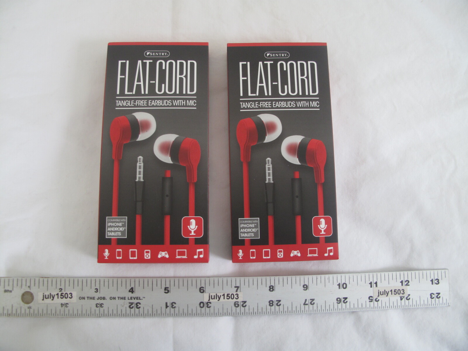 (2) NEW Sentry Flat-Cord Tangle Free Earbuds w/Mic – RED – iPhone Android Tablet