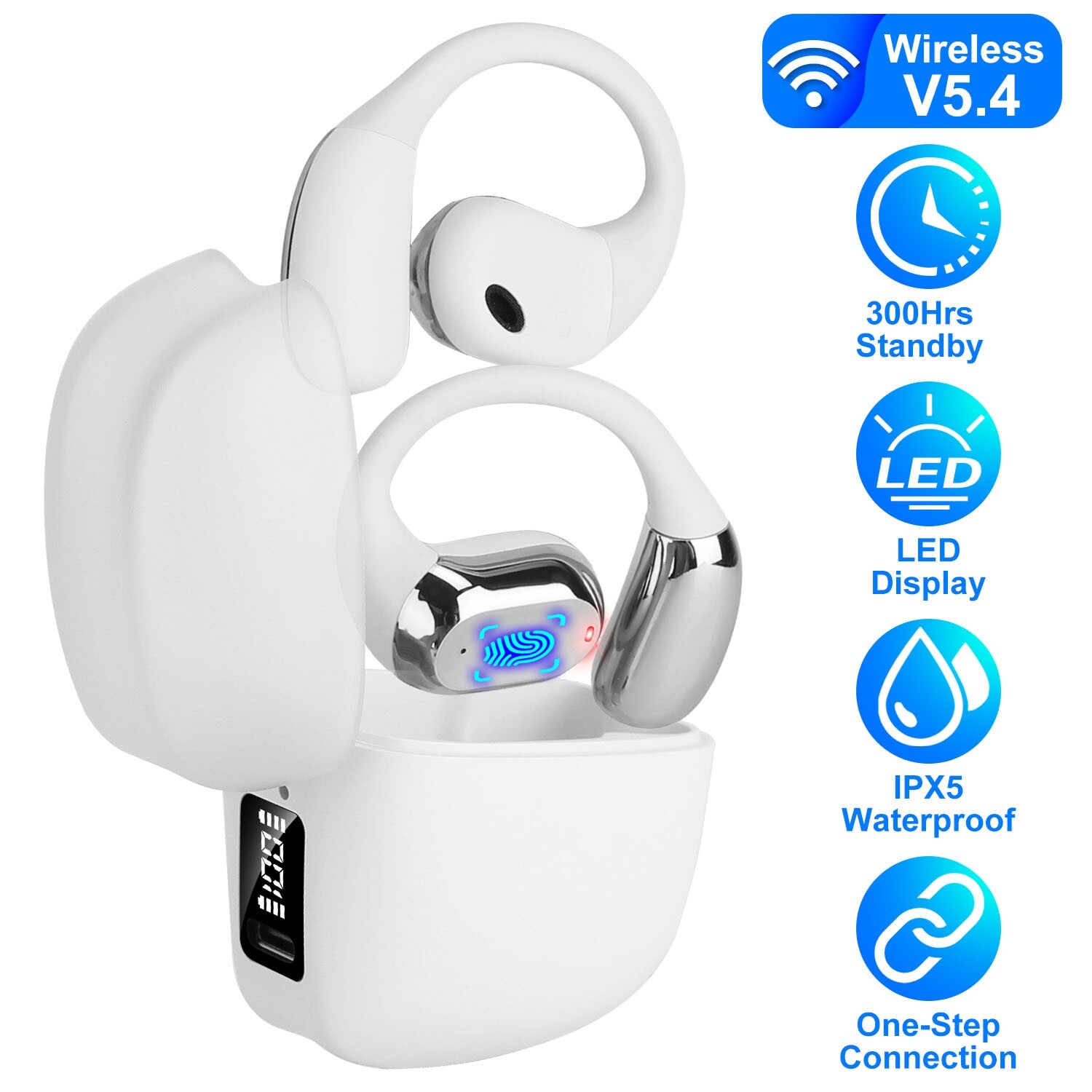 Open Ear Earbuds Wireless w/ Fashion Ear Hooks Clip on Design Display Waterproof