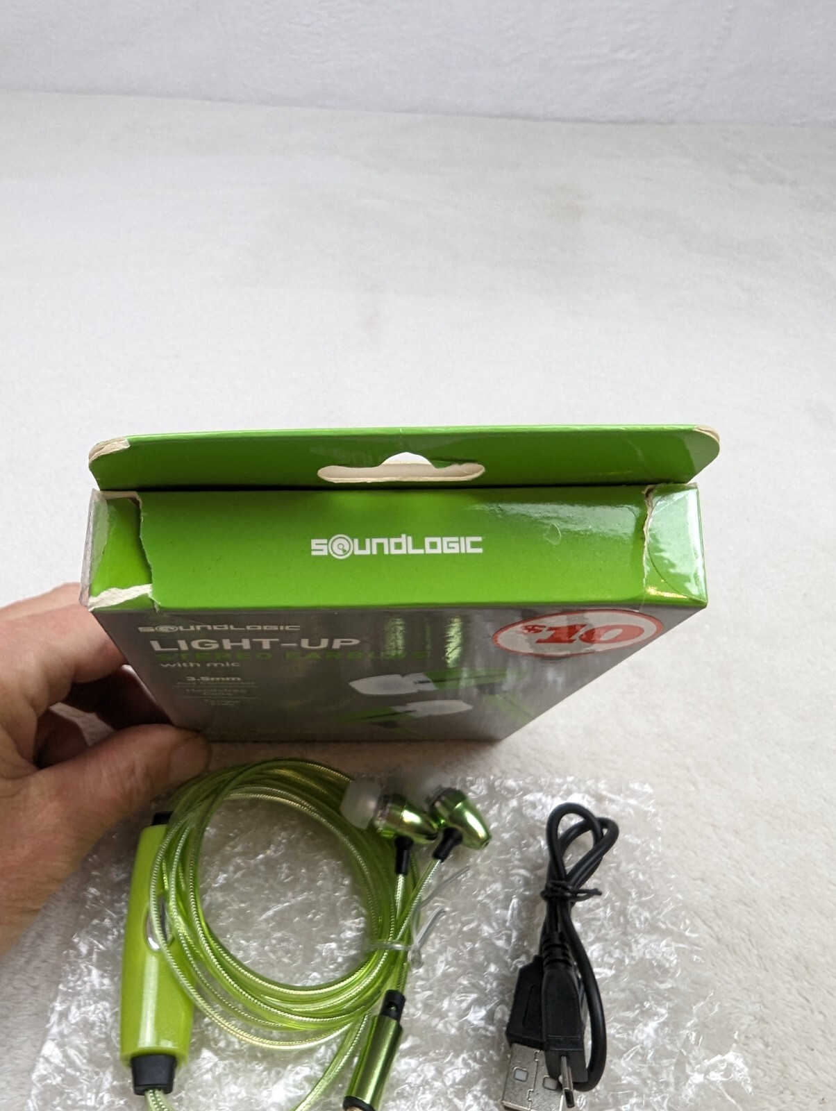 Green Soundlogic Light-Up Stereo Earbuds w/Mic Hands-free Calls Tangle Free 3.5