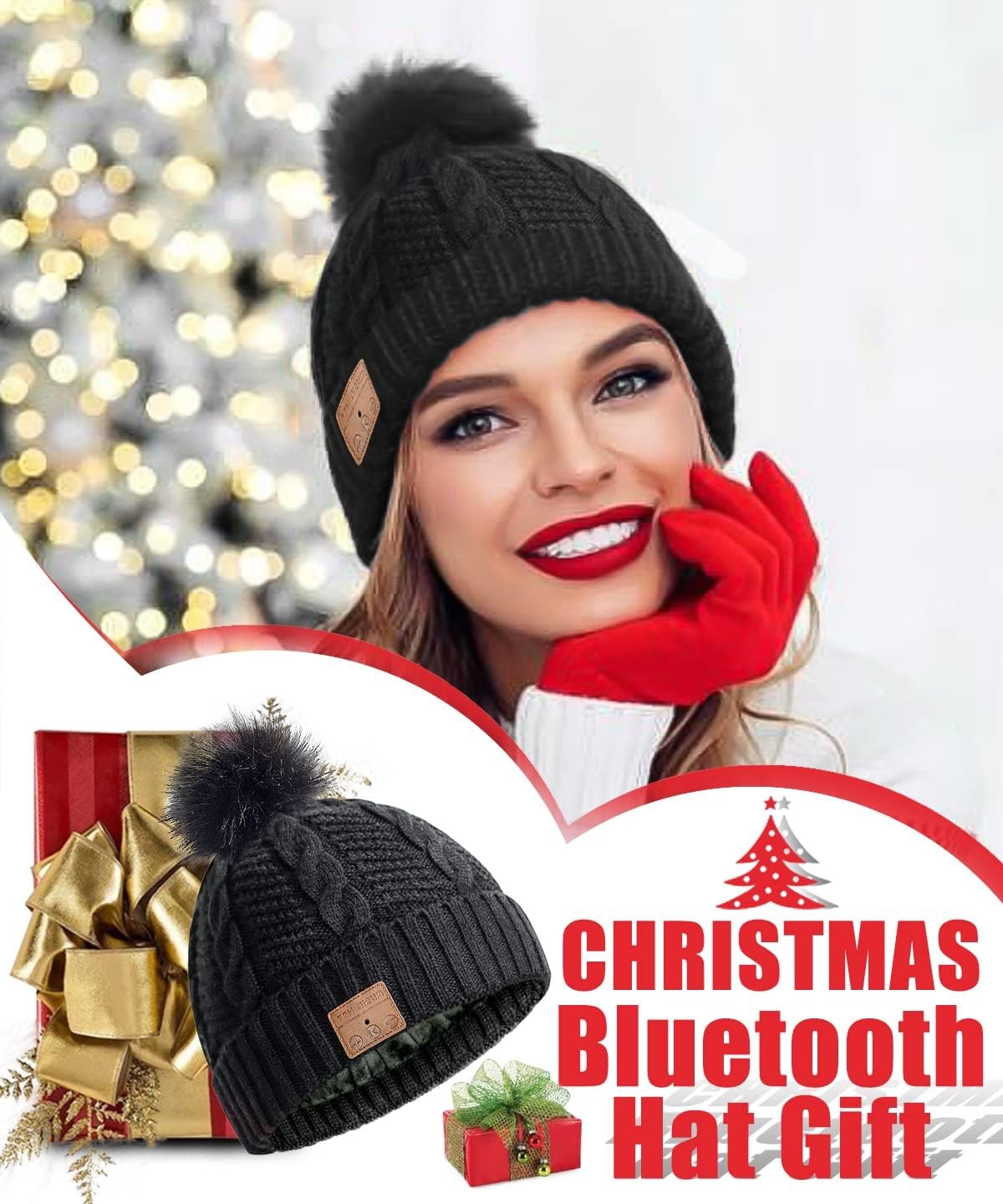 Bluetooth Beanie Hat Women Sport Wireless Music Stereo Headphones Mic Pompon