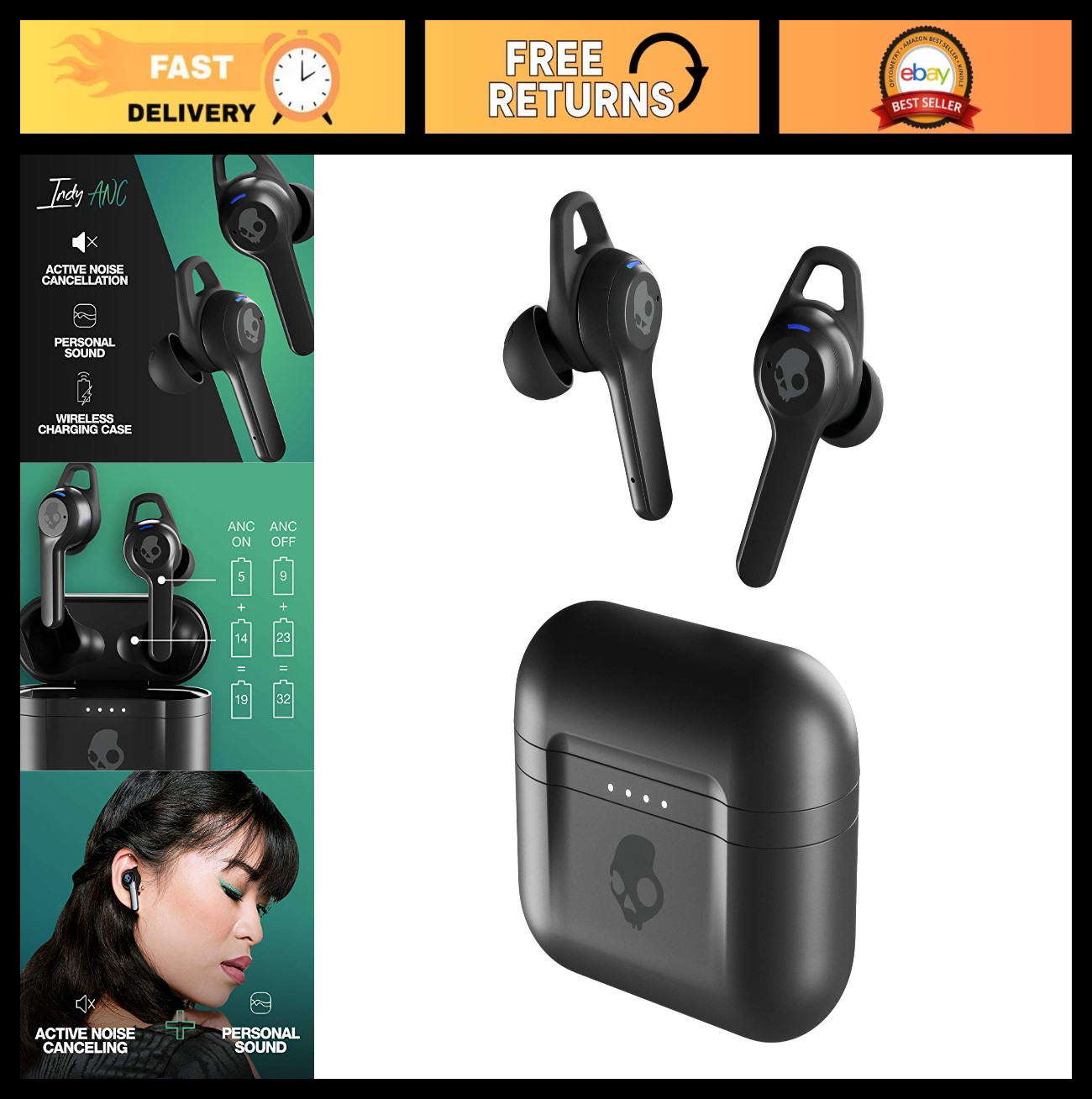 True Wireless Earbuds with ANC, 32H Battery, Microphone, Bluetooth, iPhone & And