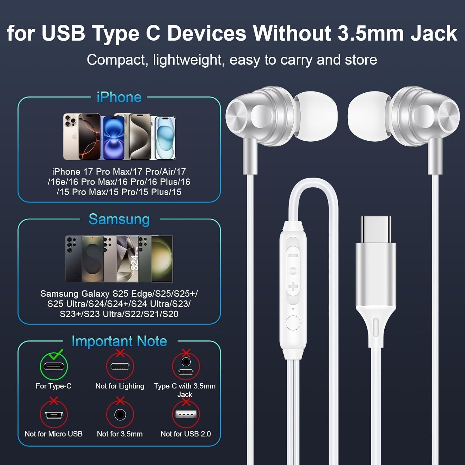 Dynamic Sound USB-C Wired Earbuds for Google Pixel 10 Pro – Tangle-Free Design