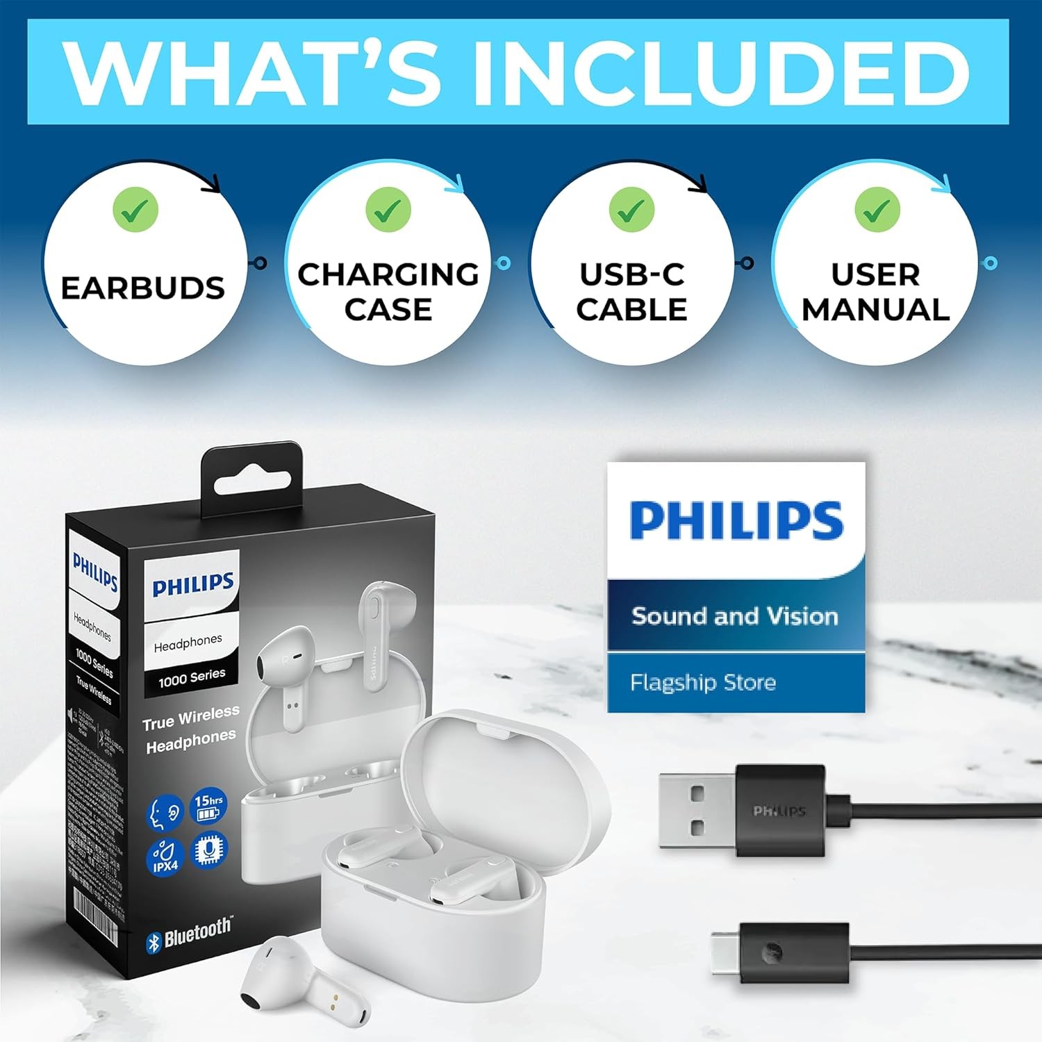 PHILIPS True Wireless Earbuds TWS Bluetooth 5.3 IPX4 Headphones