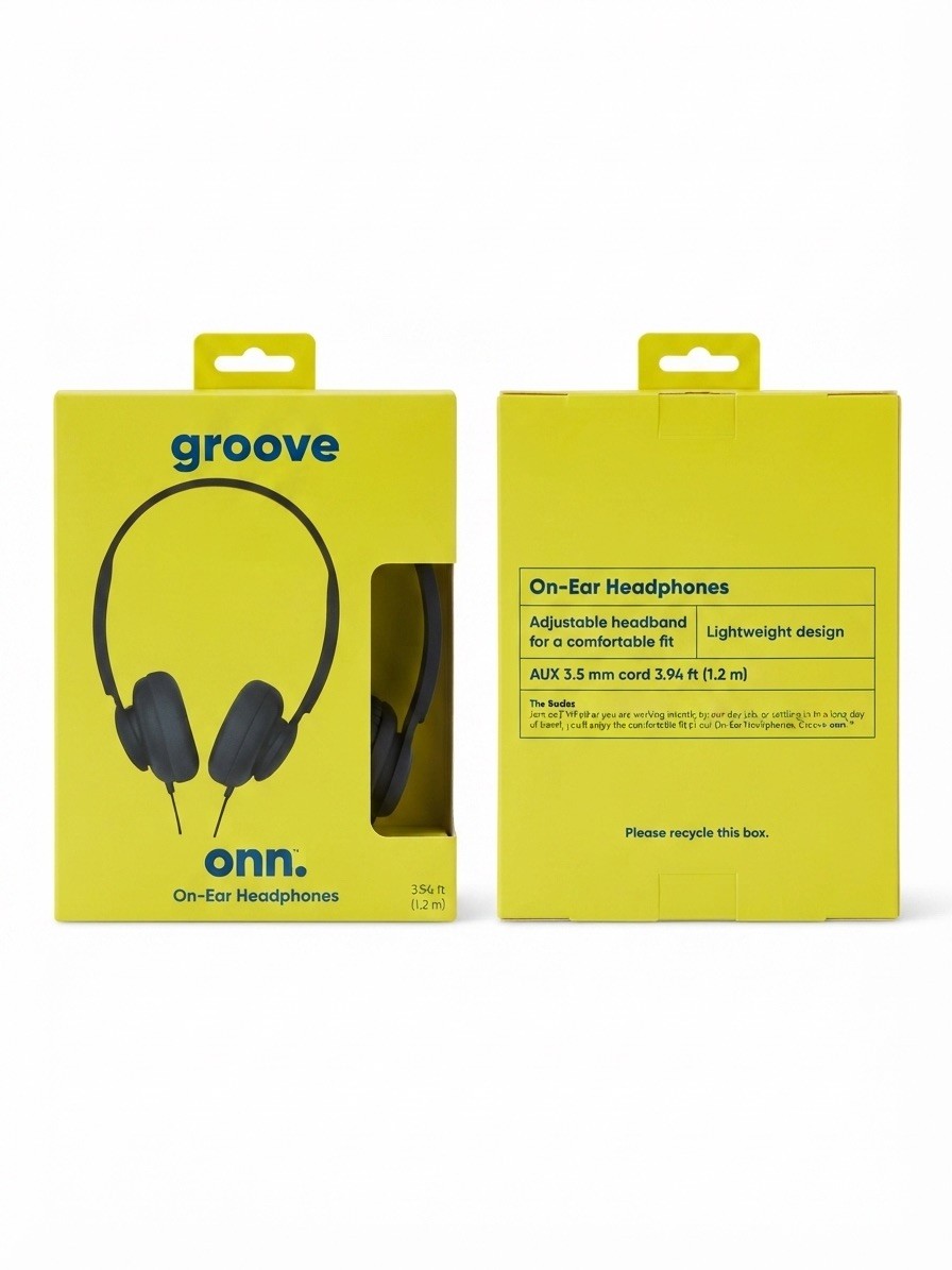 Brand New Onn Groove On-Ear Wired Headphones – Black – 3.5mm Aux 3.94ft Cable