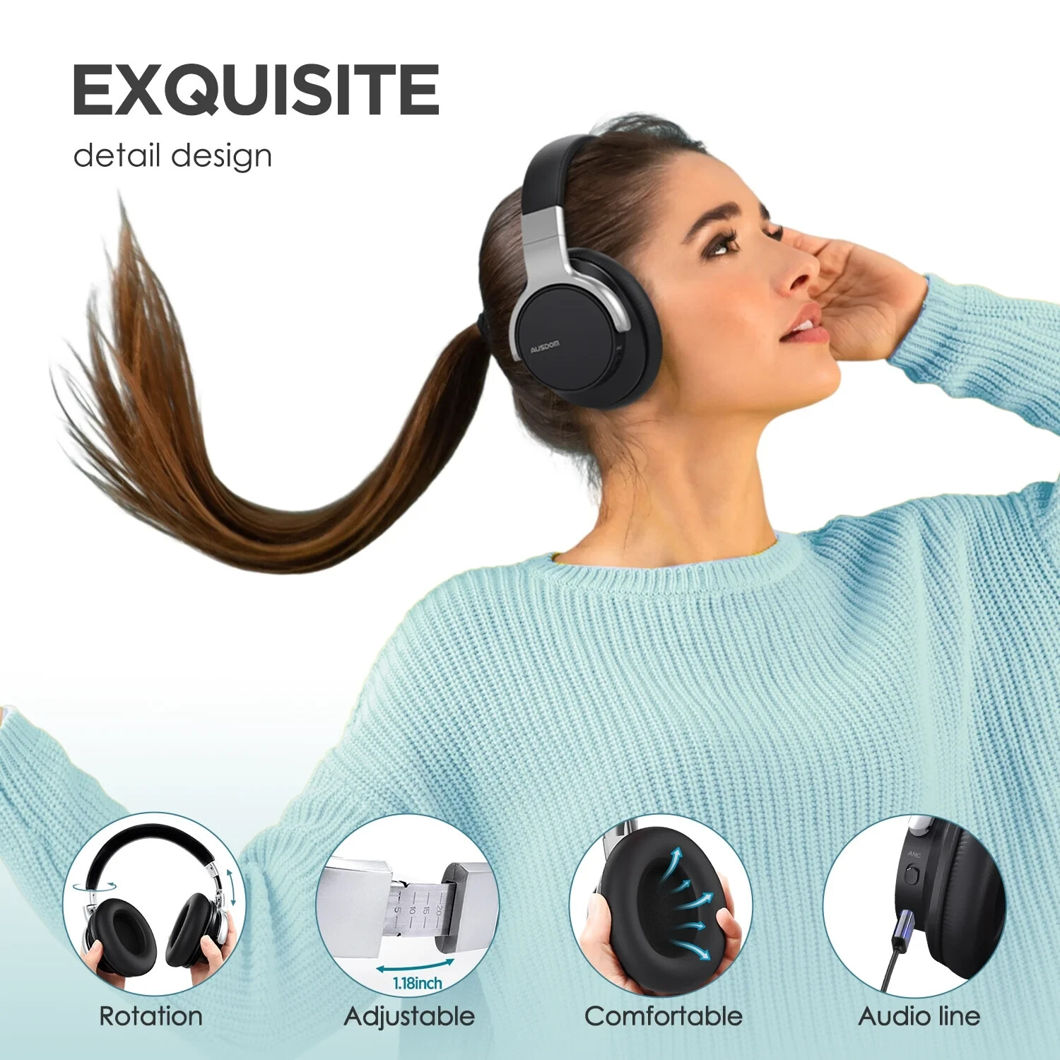 AUSDOM E7 Active Noise Cancelling Headphones, Wireless over Ear Bluetooth 5.0 He