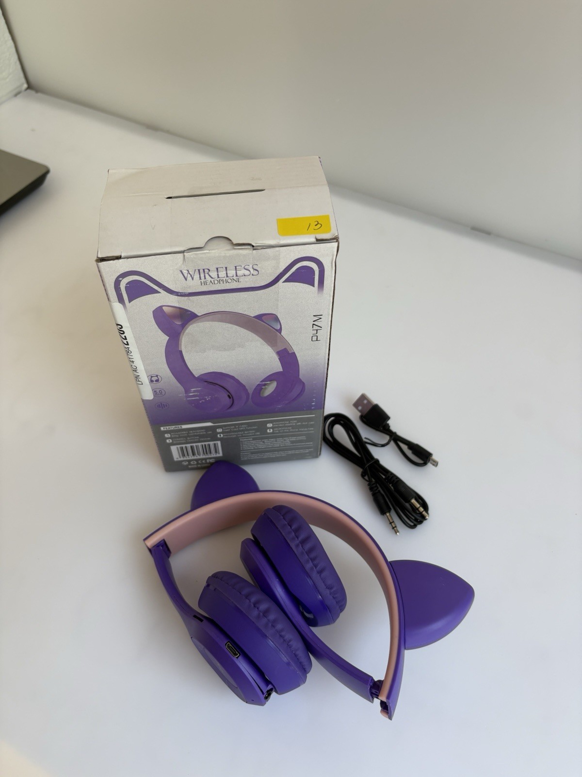 P47M Wireless Cat Ear Headphones Purple Pink Bluetooth USB Adjustable Headband