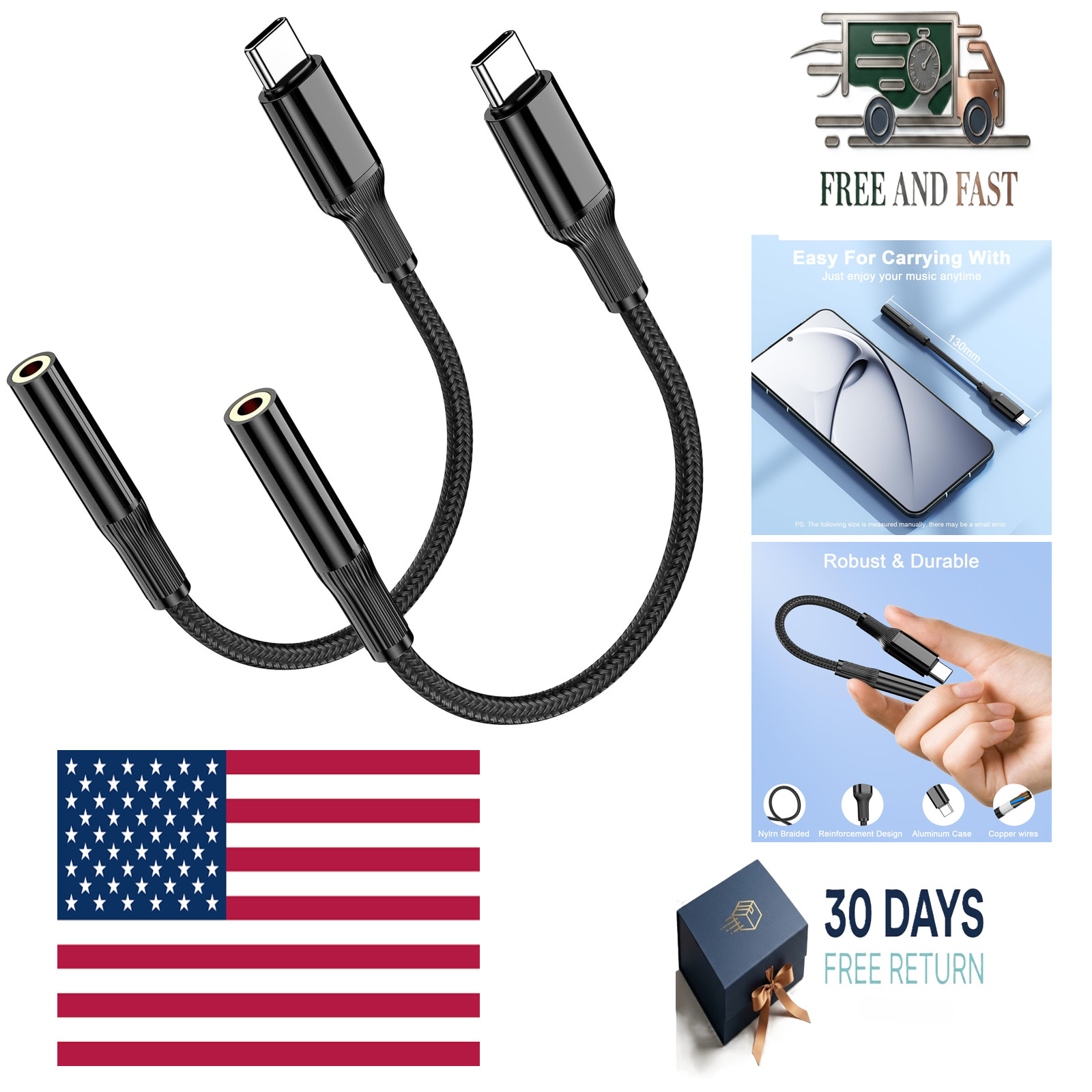 USB C to 3.5mm Audio Adapter 2-Pack, Aux Headphone Jack Dongle | Built-in DAC