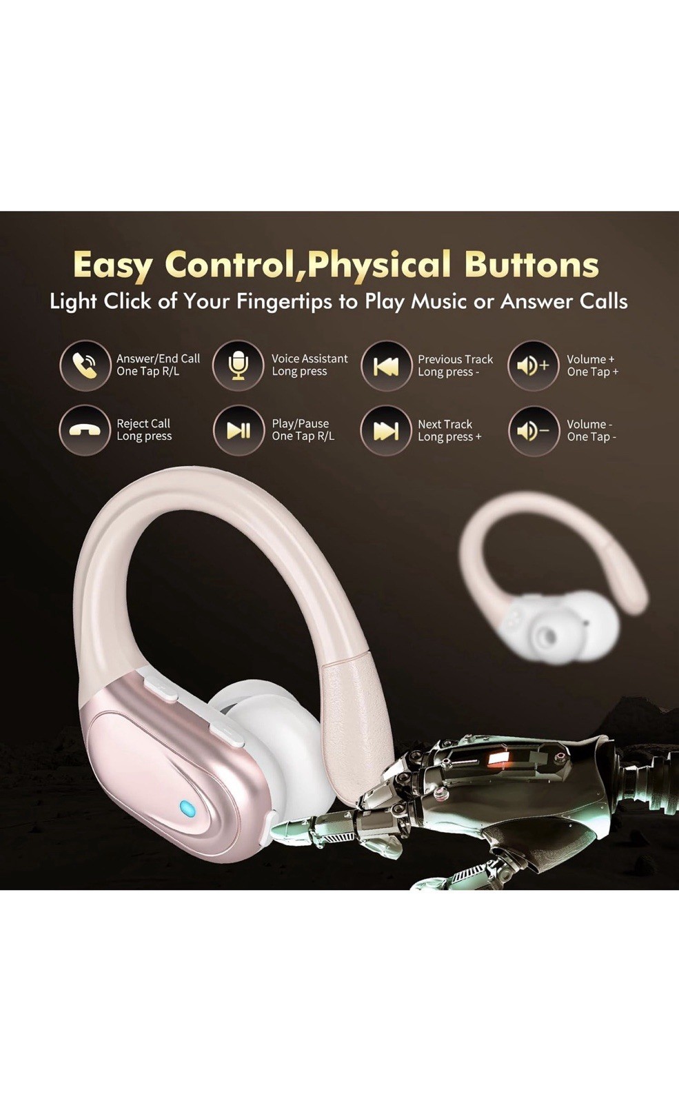 BX17 Pink Ear-hook Bluetooth 5.3 Sports Earbuds, LED Display, Water-Resistant