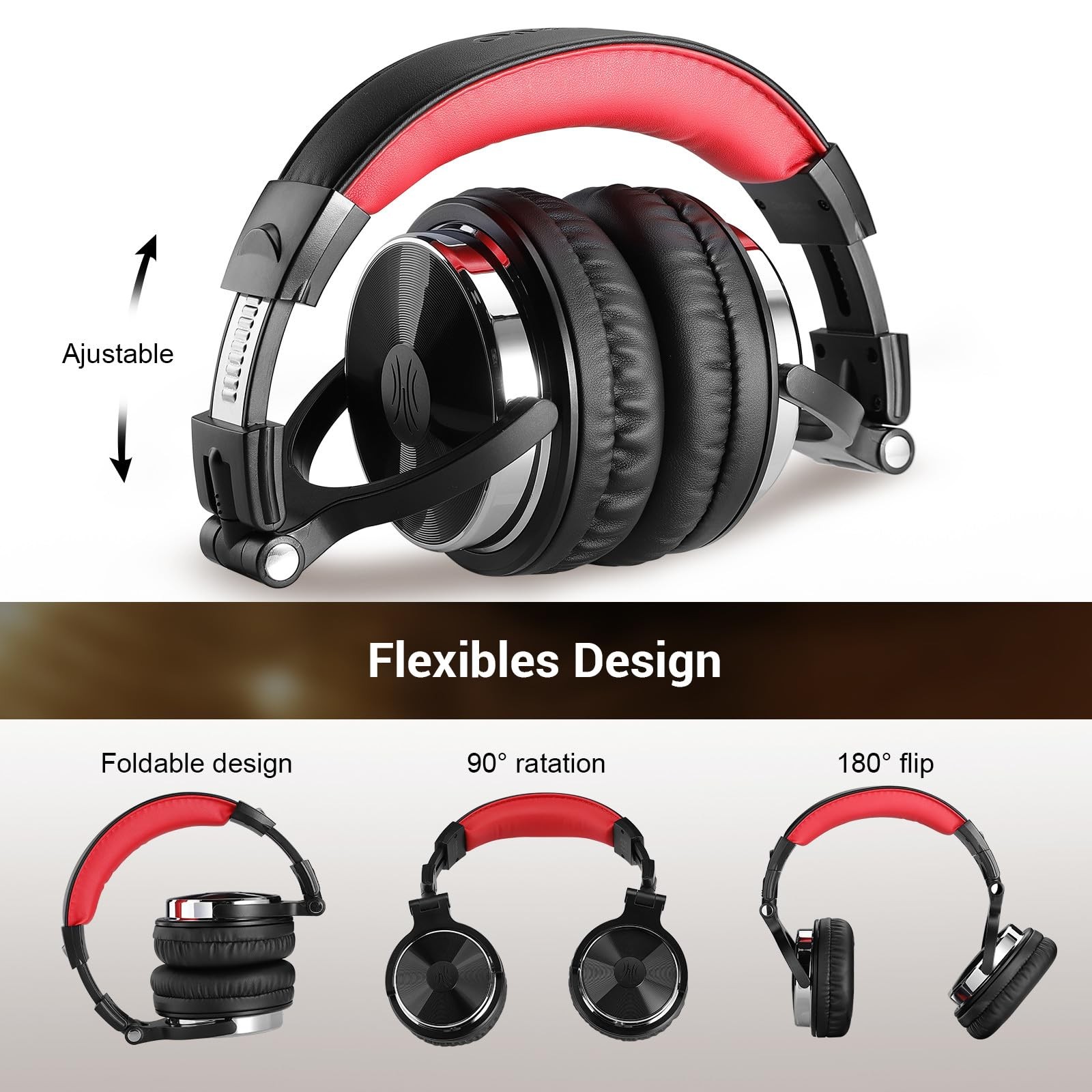 OneOdio Wired Over~Ear Studio Monitor Headphones, 50mm Drivers, Red