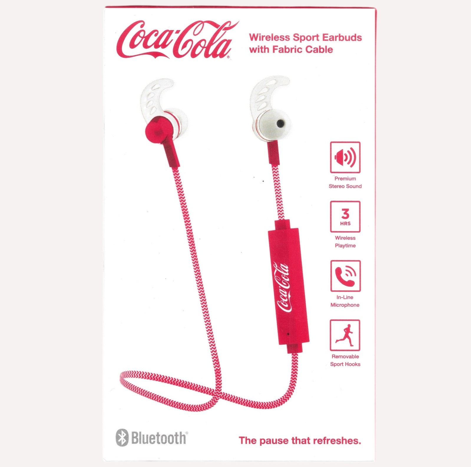 Coca-Cola Wireless Sport Earbuds Sport Hooks Fabric Cable Bluetooth 4.2 Red Mic