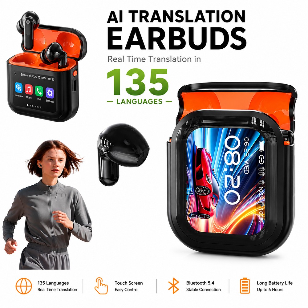 AI Translation Earbuds LCD Touch Screen Real Time 135 Languages ENC Bluetooth