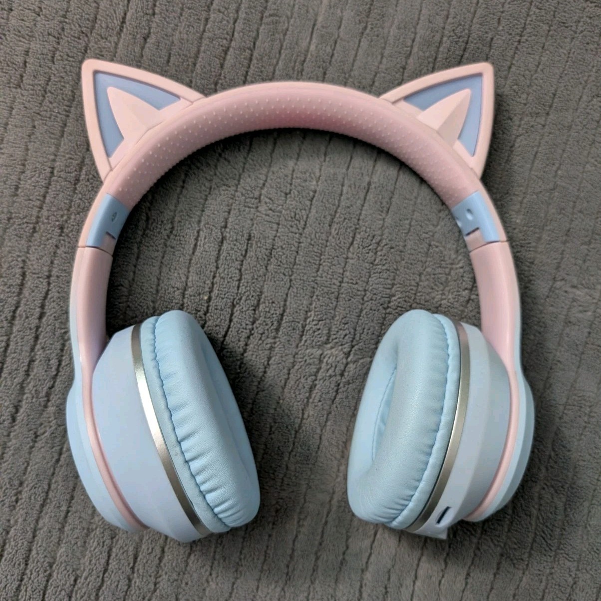 Pink/Blue Cat Ear Over-Ear Bluetooth Headphones w/ LED, Mic, Controls