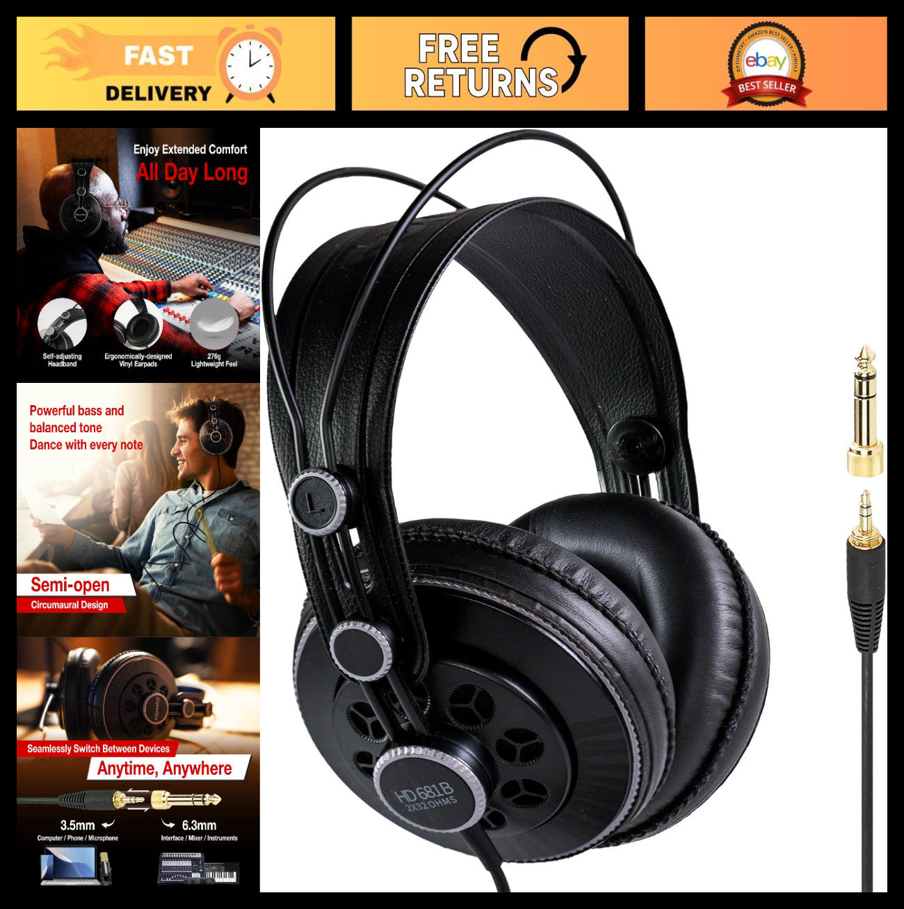 Dynamic Over-Ear Headphones with 50mm Neodymium Driver, Deep Bass, Semi-Open Des