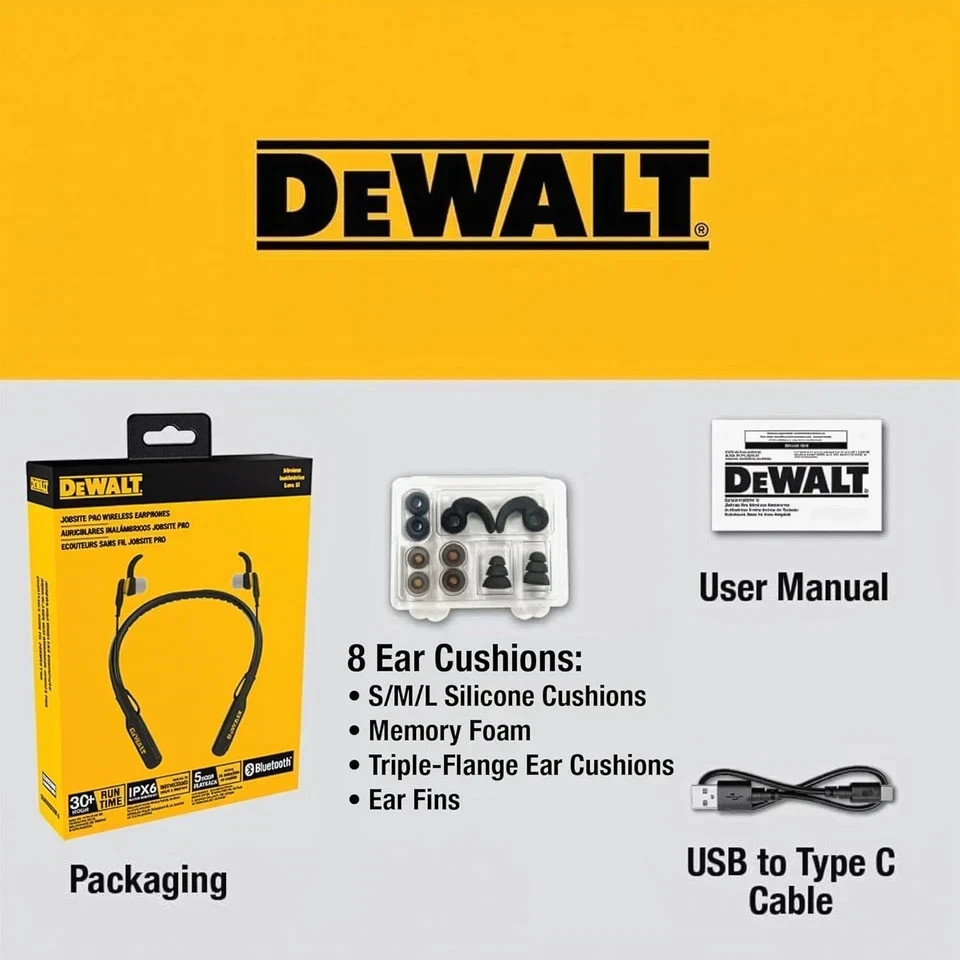 DEWALT Heavy Duty Black Edition 2-In-1 Neckband Bluetooth Headphones W/Built-In