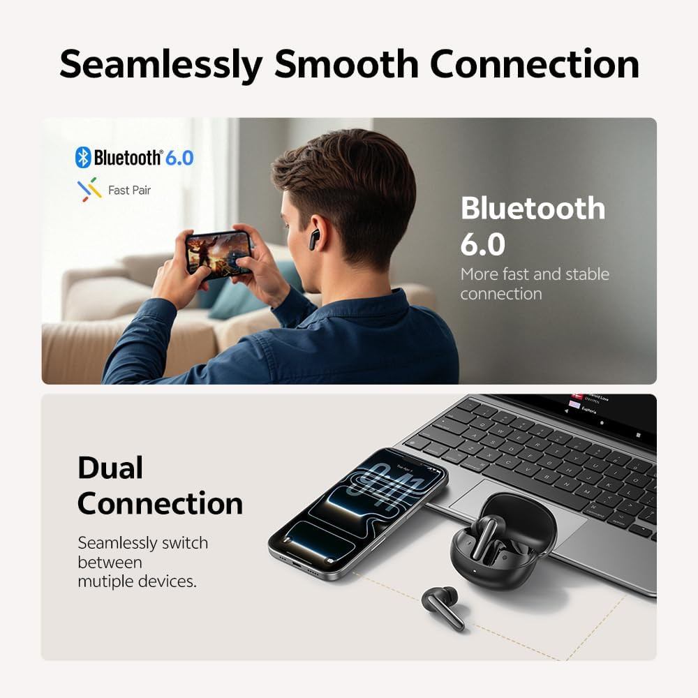 Melobuds N60 Active Noise Cancelling Wireless Earbuds, 56Db ANC Ear Buds with 6-