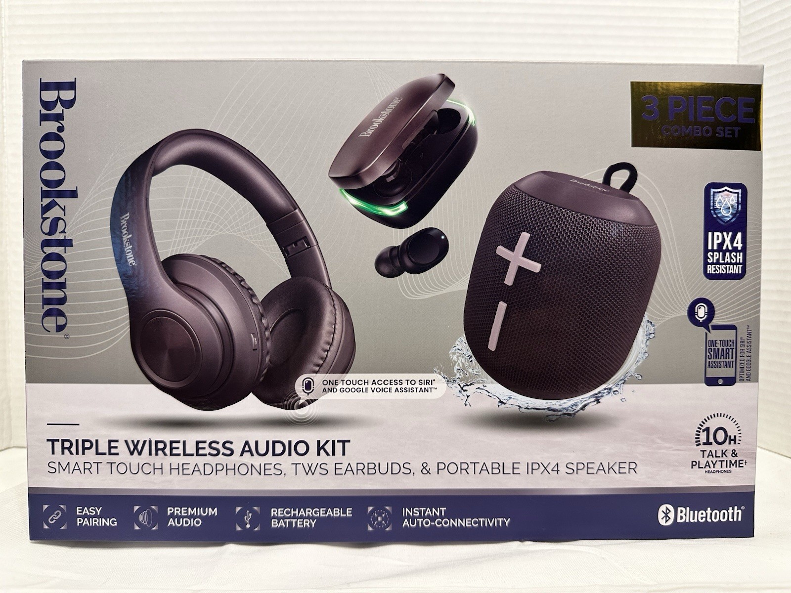 Brookstone 3 in 1 Wireless Audio Kit Headphones Earbuds Speaker IPX4