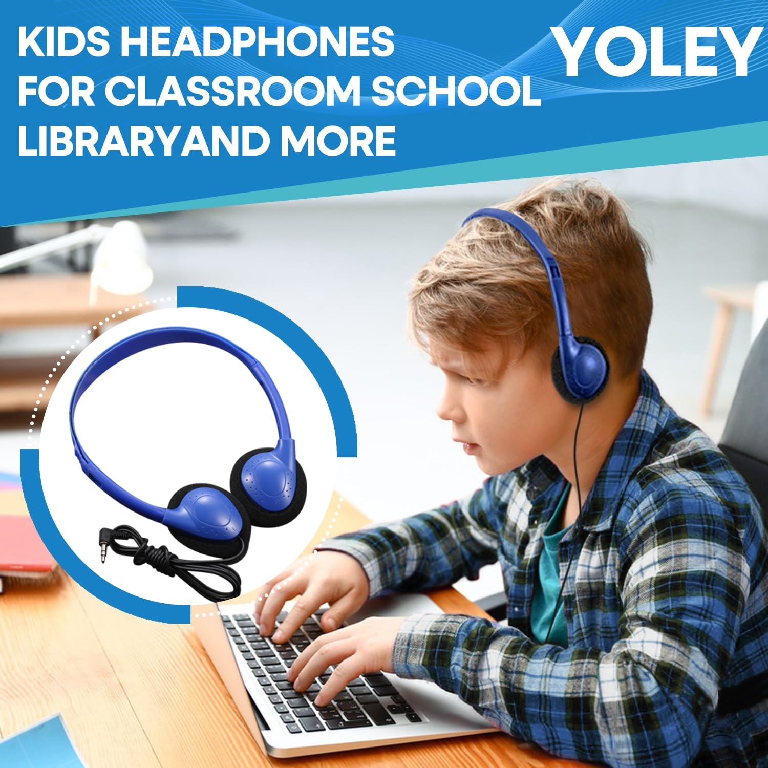 Classroom Headphones Bulk 12 Pack, School Students Kids Adult Wired 3.5mm Blue