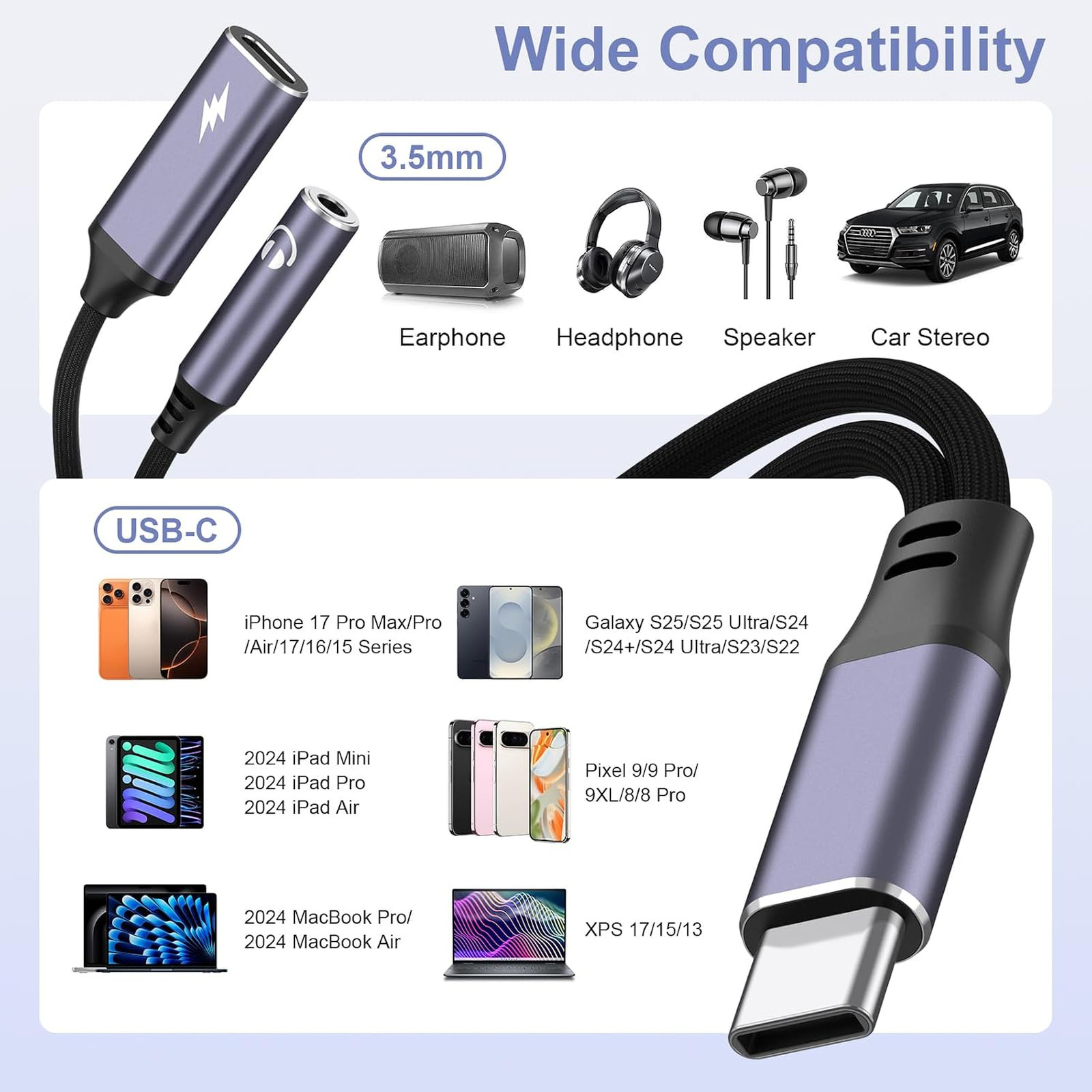 USB C to 3.5mm Headphone and Charger Adapter 2 in 1 with 60W PD Fast Charging