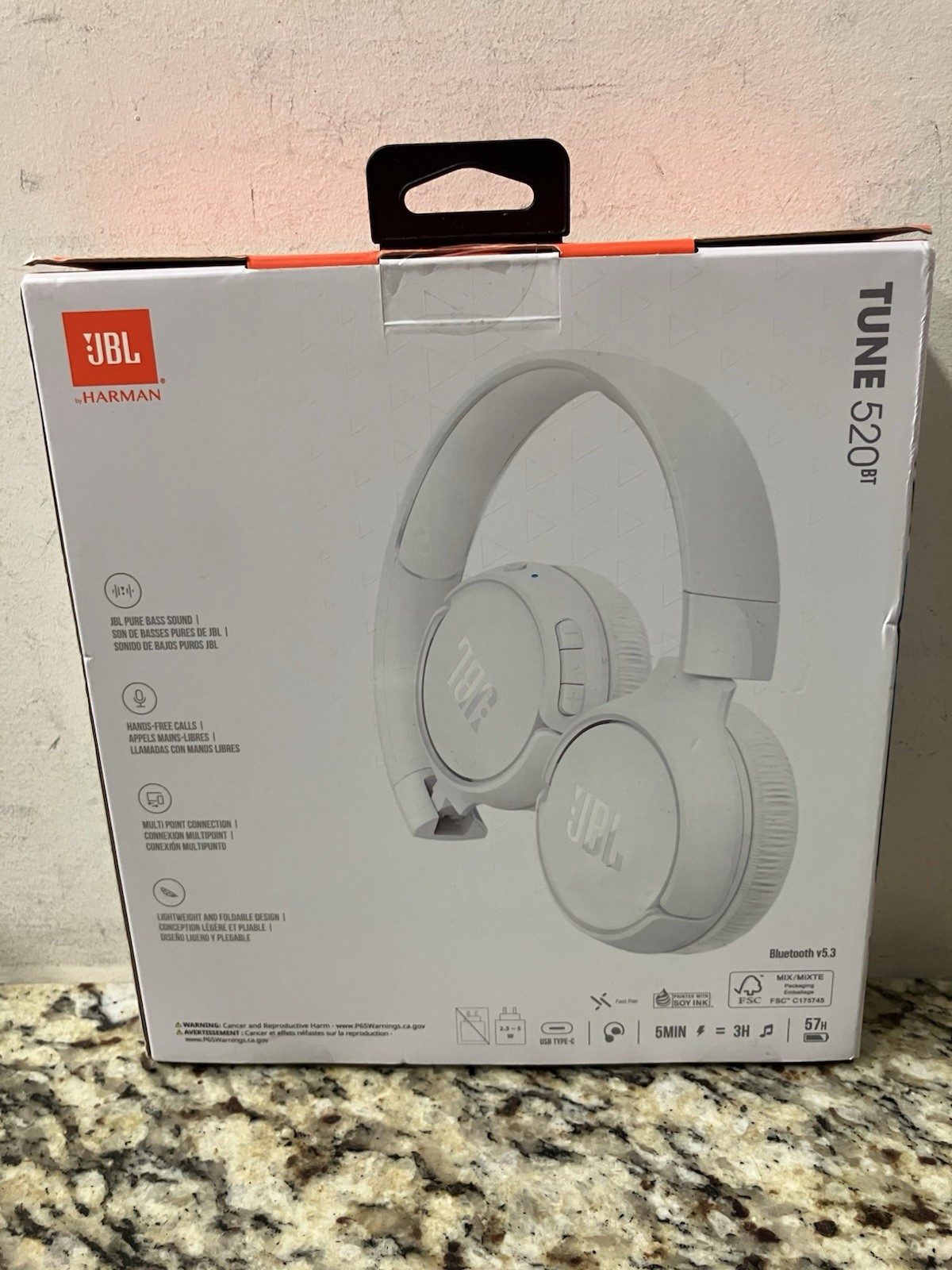 JBL Tune 520BT Pure Bass Wireless Bluetooth Headphones (White)