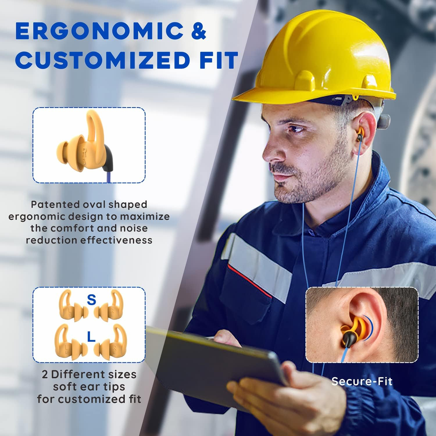 Ear Plug Headphones for Work, Custom-Fit Work Earbuds Earphones-Safety
