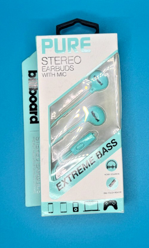 Billboard Pure Stereo Earbuds With Mic Extreme Bass 3.5 Universal Teal Brand New