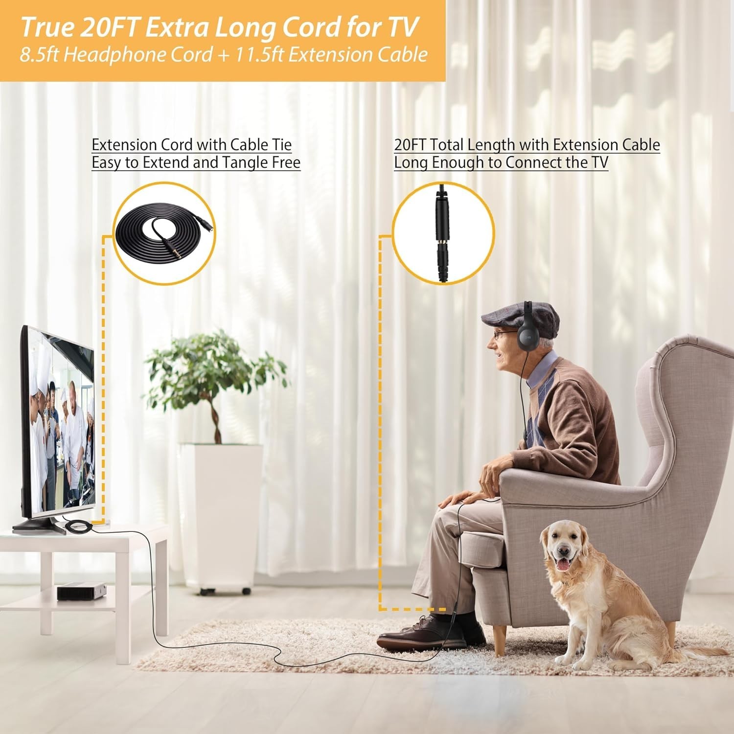 20Ft Extra Long Cord Headphones for TV & PC with Volume Control, Wired Black