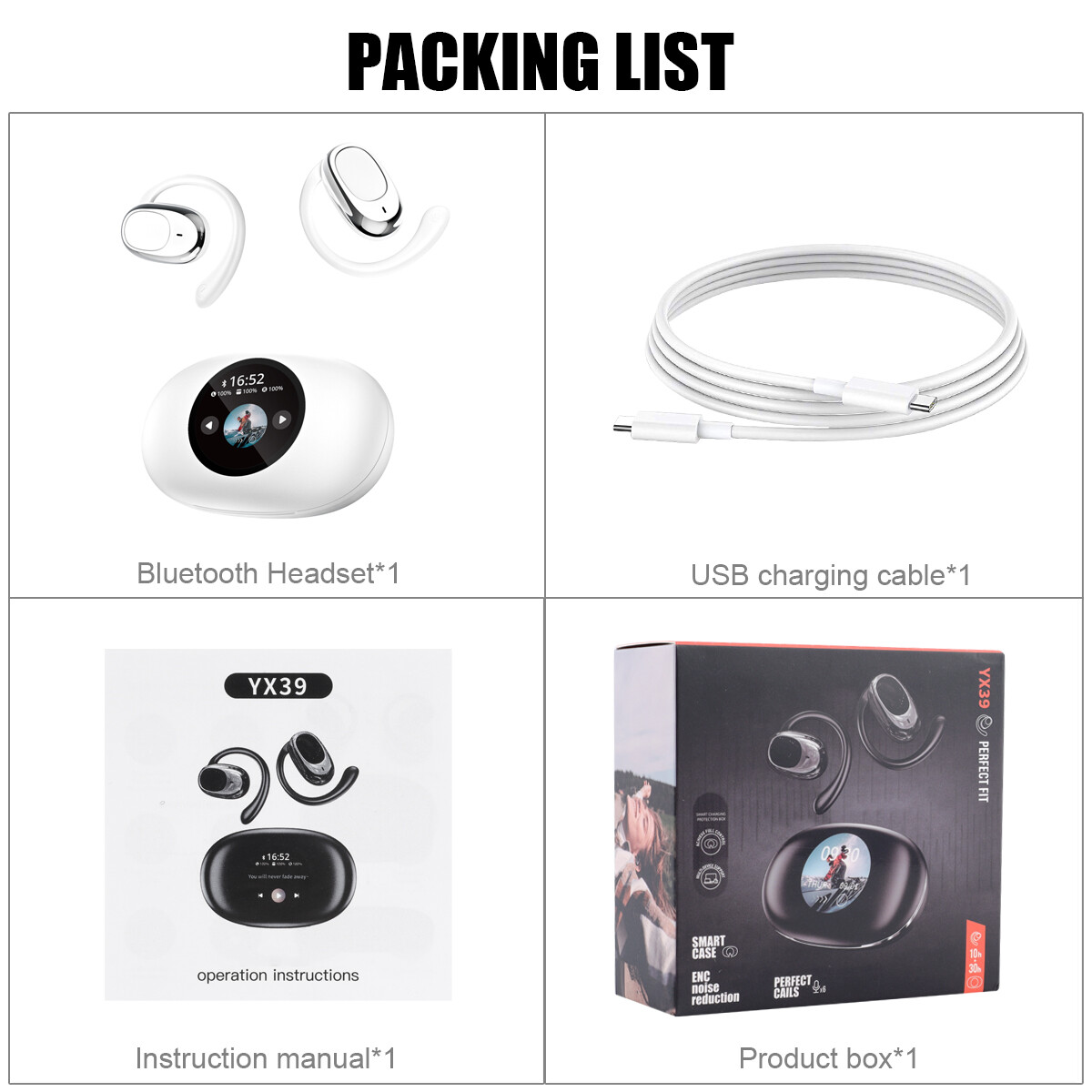 LCD HD screen Over The Ear Earbuds Bluetooth Wireless Multi language switching #