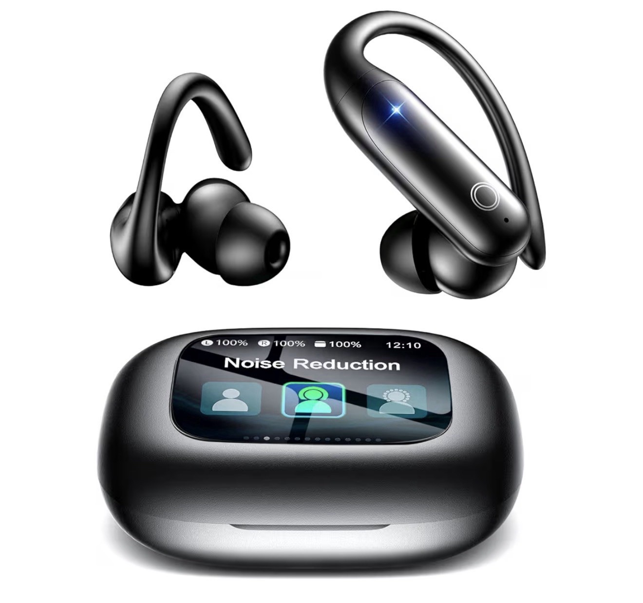 Wireless Bluetooth Ear-hook Earbuds, Noise Reduction, Built-In Mic, Black