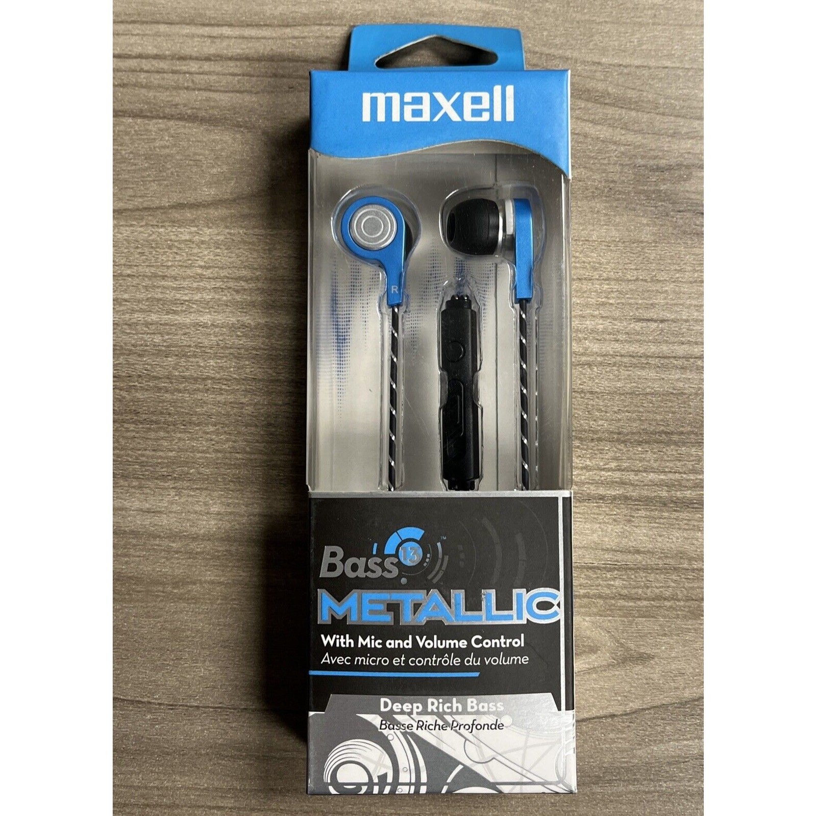 Maxell Bass 13 Metallic Earbuds Built In Mic Volume Control Blue Deep Rich Bass