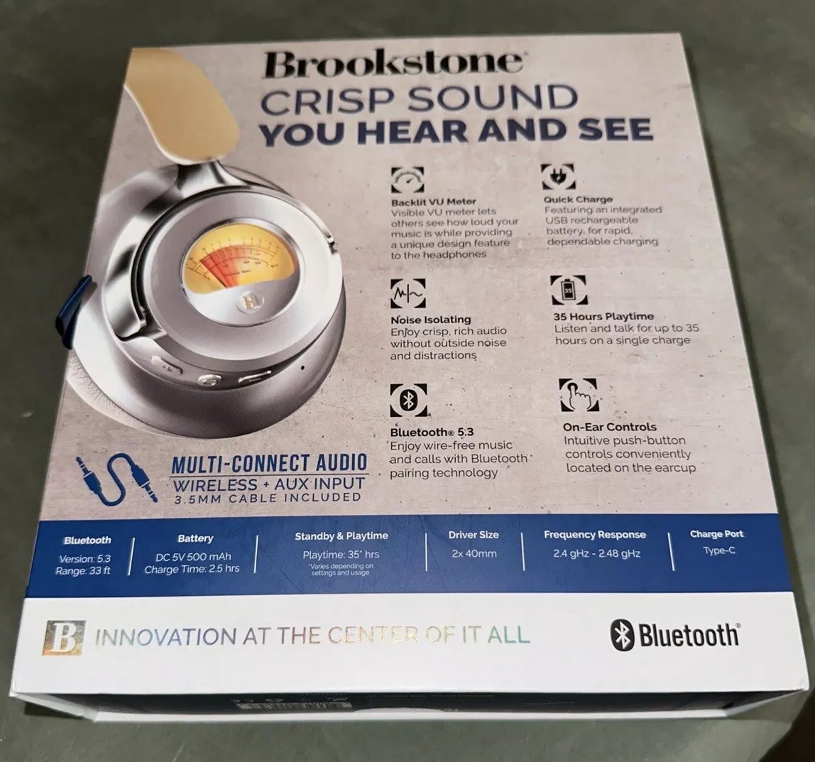 NIB Brookstone Acoustic Pro Wireless Metered Bluetooth 35 Hours Play Headphones