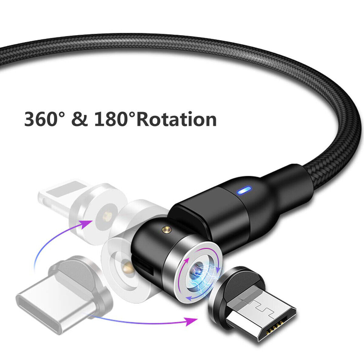 180°+360° Rotate Magnetic Charger Cable Phone Fast Charging Type C Micro USB IOS