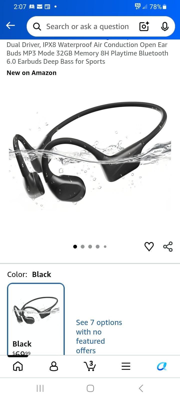 PSIER S18 Bone Conduction IPX8 Waterproof Headphones Black, ​No charger include