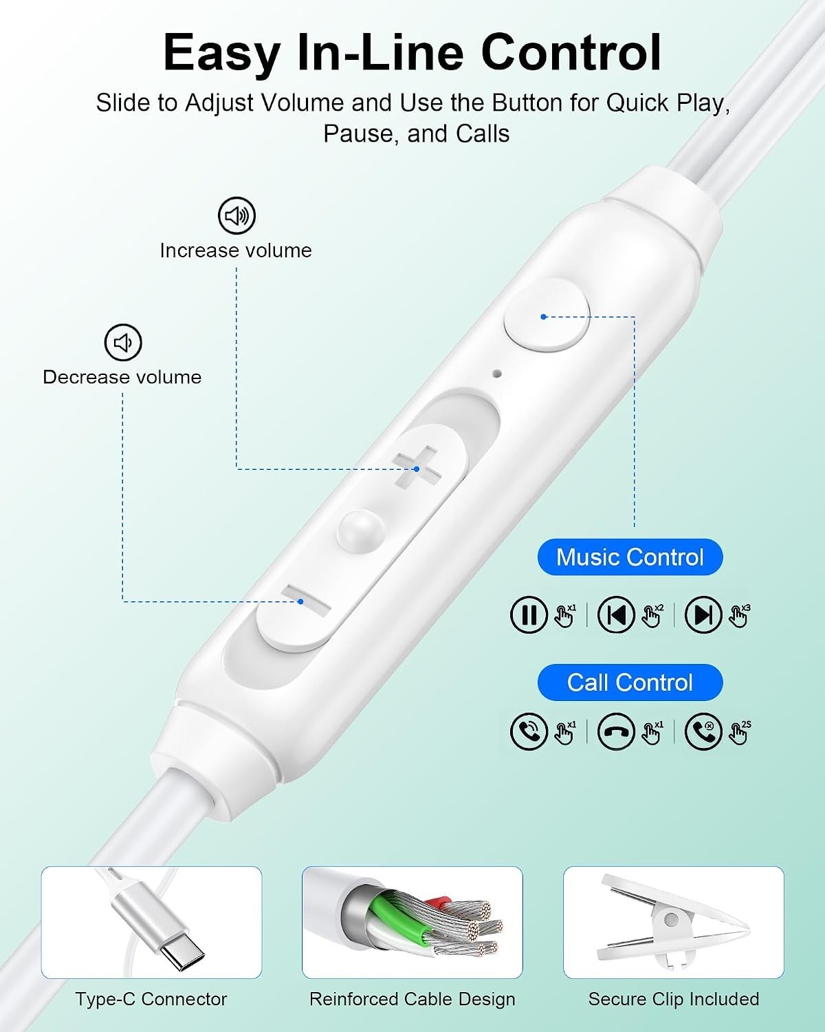 USB C Wired Ear Buds Earbuds for iPhone 17e 16 15 Pro Max 17 Air 16e White