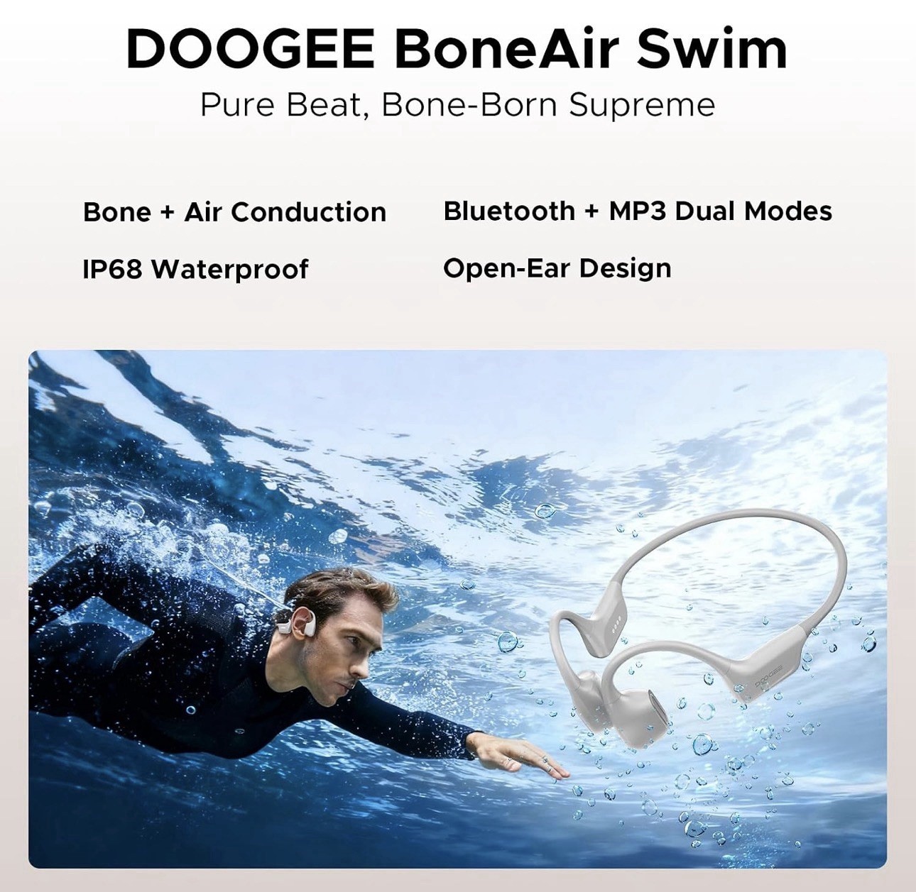 Bone Air Waterproof, Wireless Headphones, Swimming, Running, Cycling, Light Gray