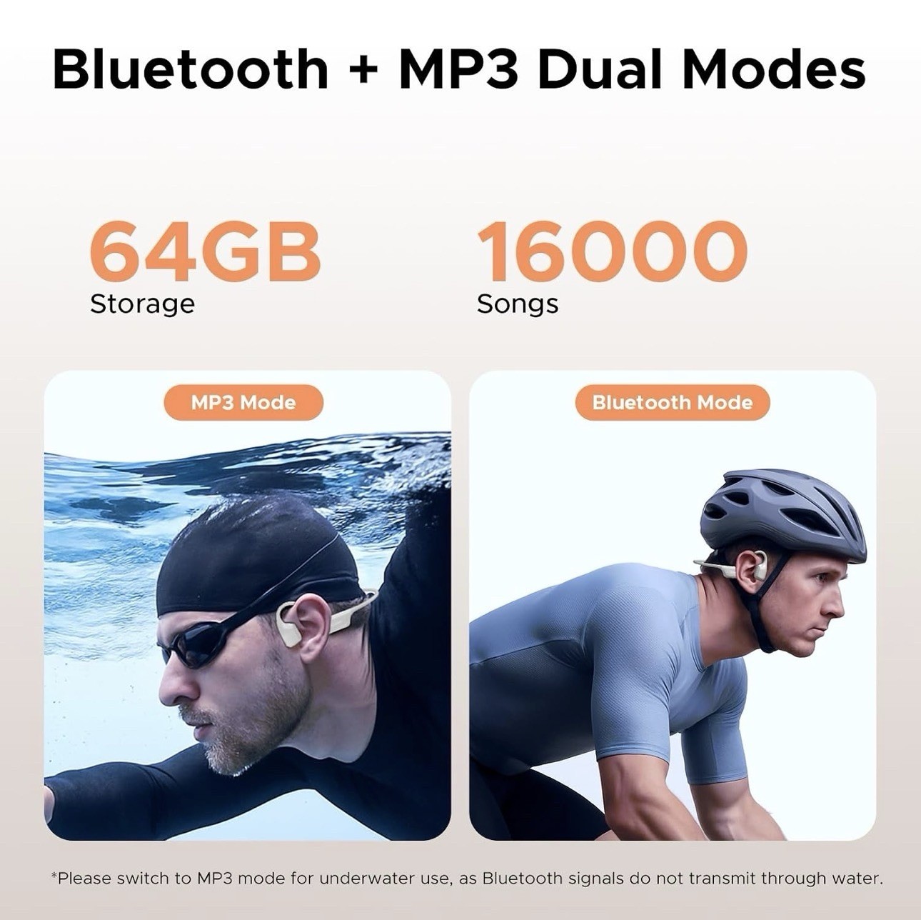 Bone Air Waterproof, Wireless Headphones, Swimming, Running, Cycling, Light Gray