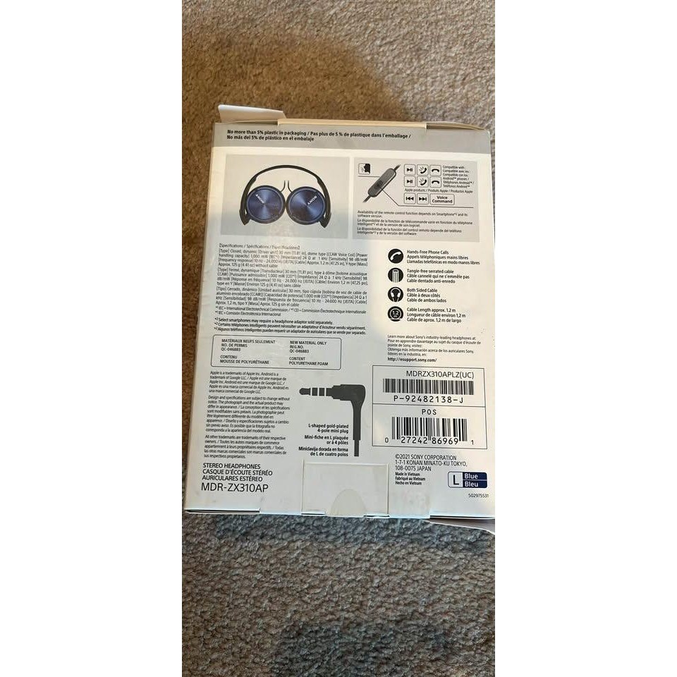 Sony MDR-ZX310AP Wired On-Ear Headphones with Mic Blue Foldable Stereo Headset
