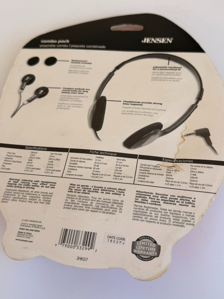 Vintage Jensen JHK07 Earbud & Over the Head Headphones Ensemble Combo Pack 2005