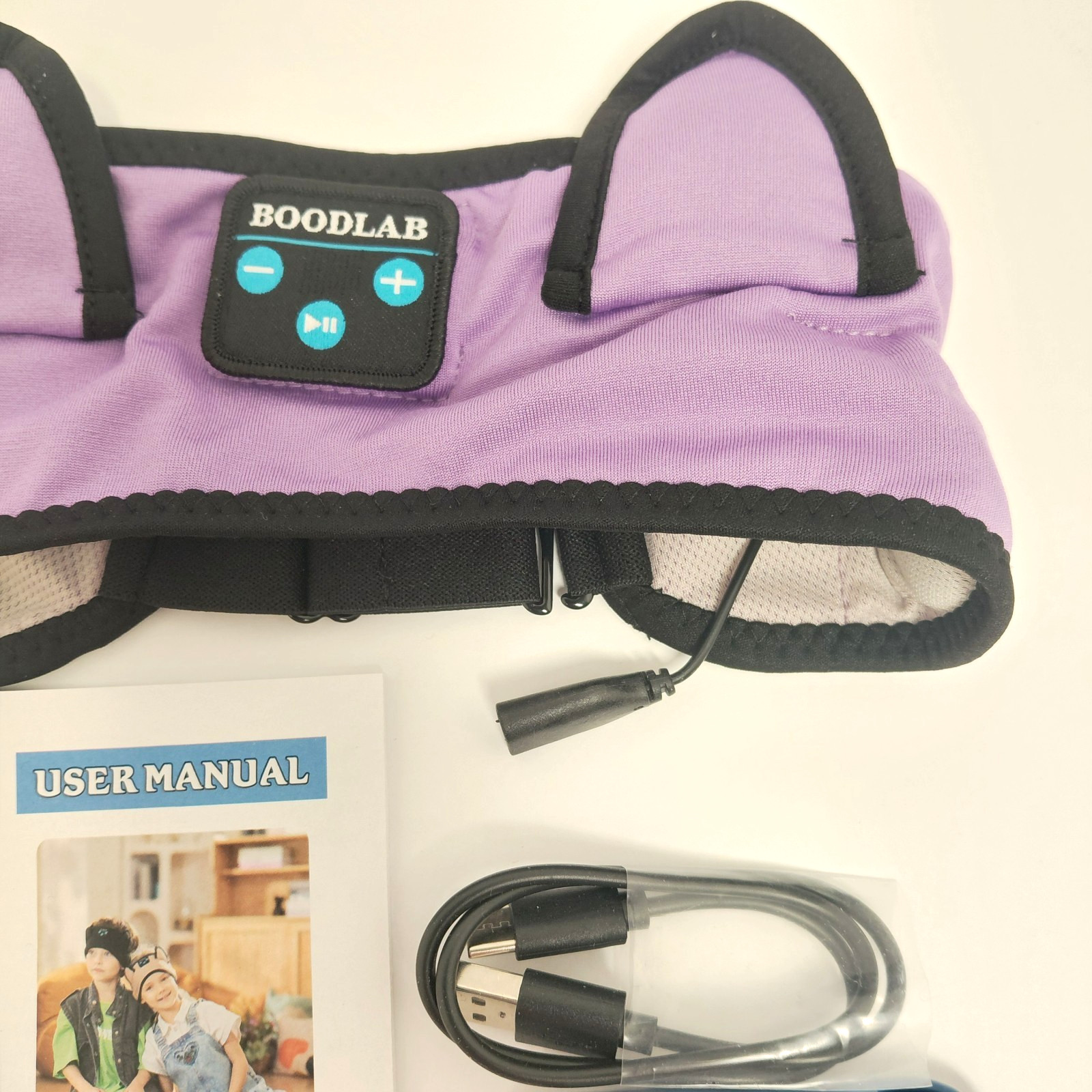 Boodlab Kids Headphones Purple soft fabric Bluetooth BDEM01 Dual Connectivity