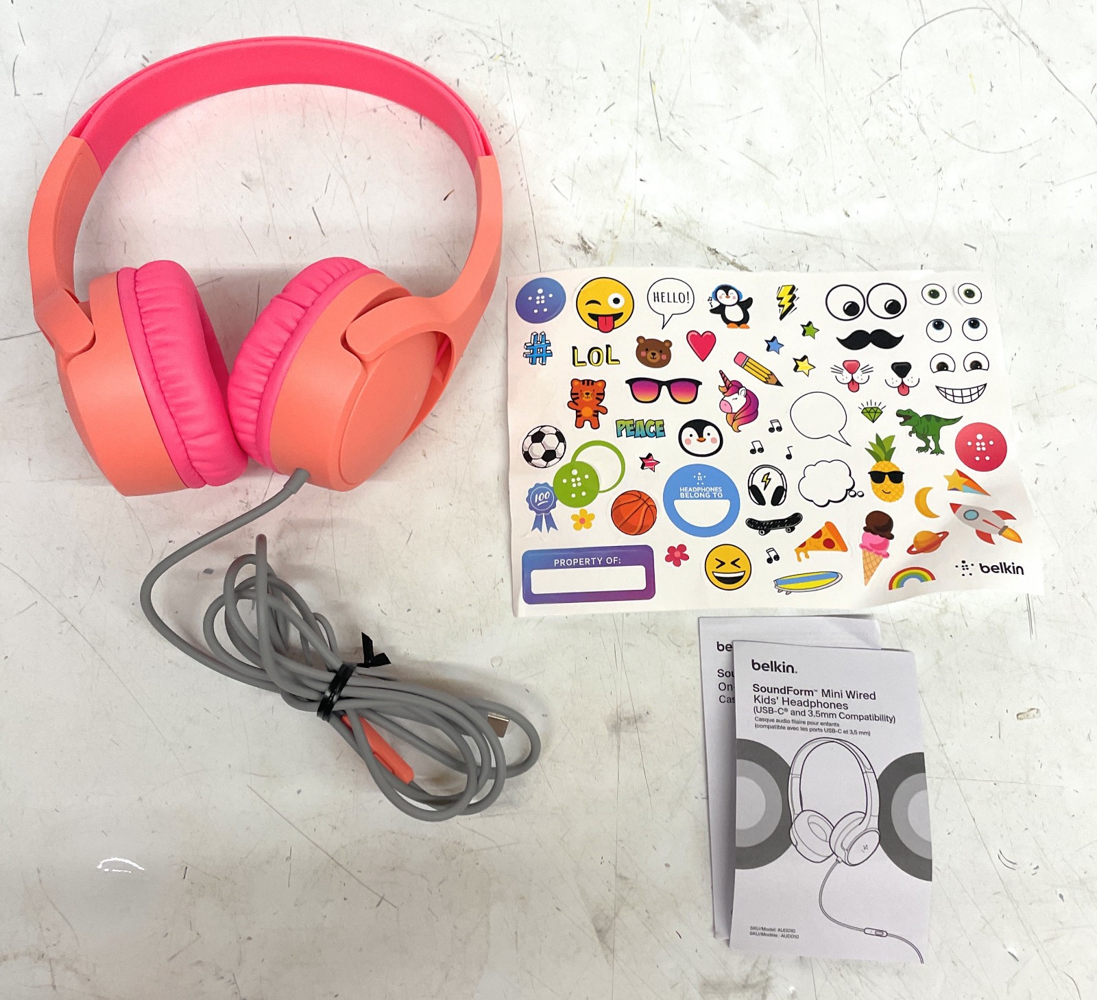 Belkin Sound Form Mini Kids Wired Headphones w/USB C to 3.5mm Dongle, Pink
