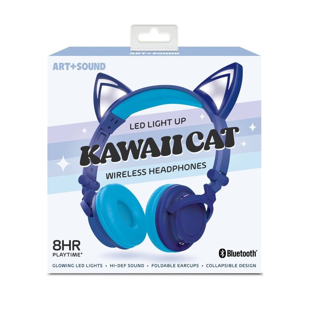ART+SOUND Kawaii Cat LED Bluetooth Wireless Wired Kids Headphones Blue