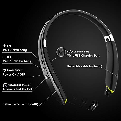 Wireless Bluetooth Neckband Headphones, Foldable Retractable Earbuds, Noise Canc