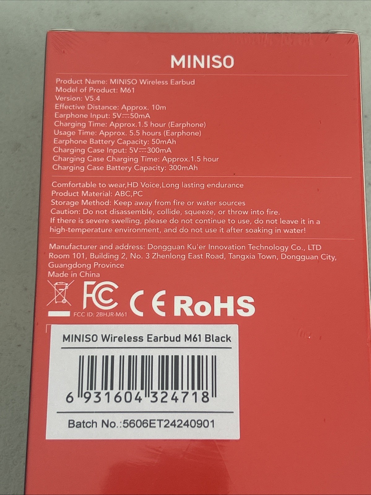 MINISO Wireless Earbud M61 Black New Sealed HD Voice Long Battery
