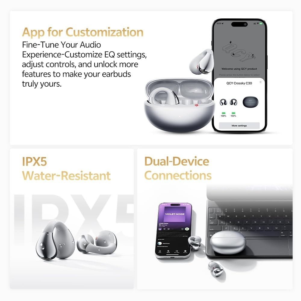 Wireless Open Ear Bluetooth Earbuds, Hi-Res Audio, Deep Bass, 40H Playtime, IPX5