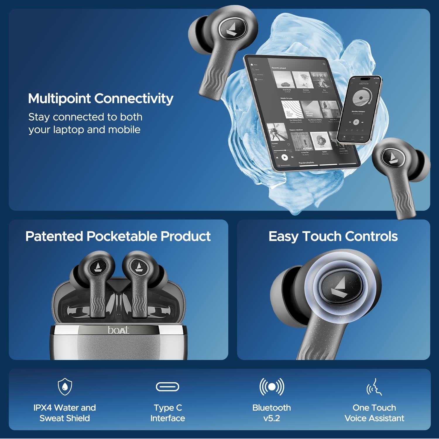 boAt Nirvana Ion ANC Wireless Bluetooth Earbuds 120H Battery TWS Earphones mic
